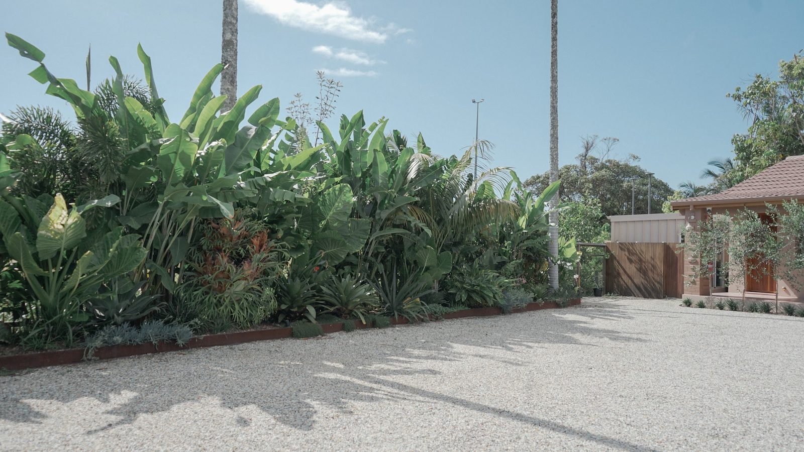 El cantero tropical de borde junto al estacionamiento